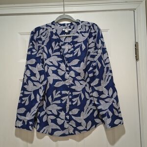 Chicos Blue & White Leaf Print Button Blouse Size XL